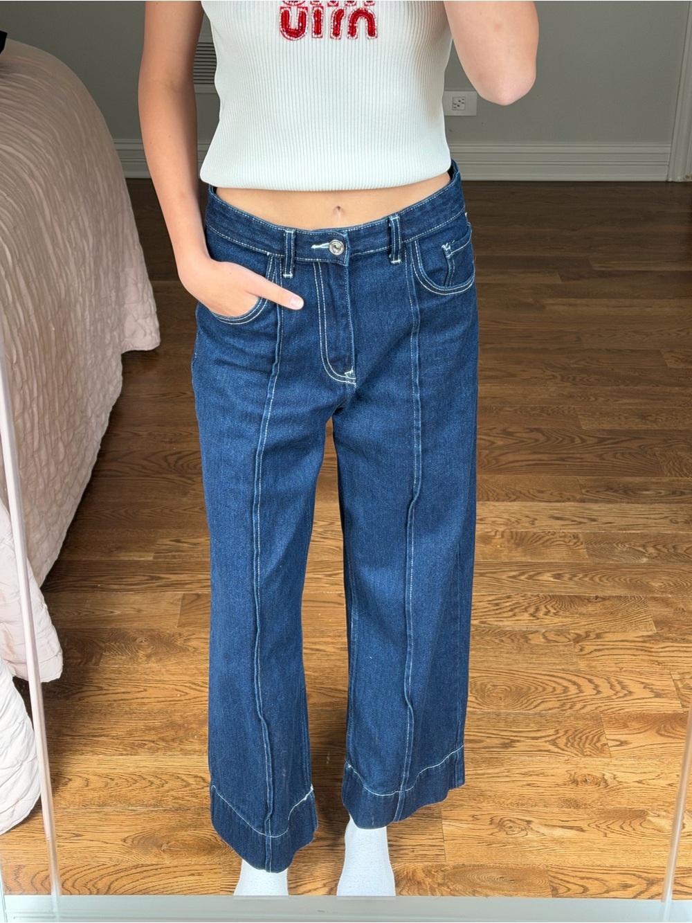 Bershka Dark Blue Wide-Leg Jeans with Center Seams
